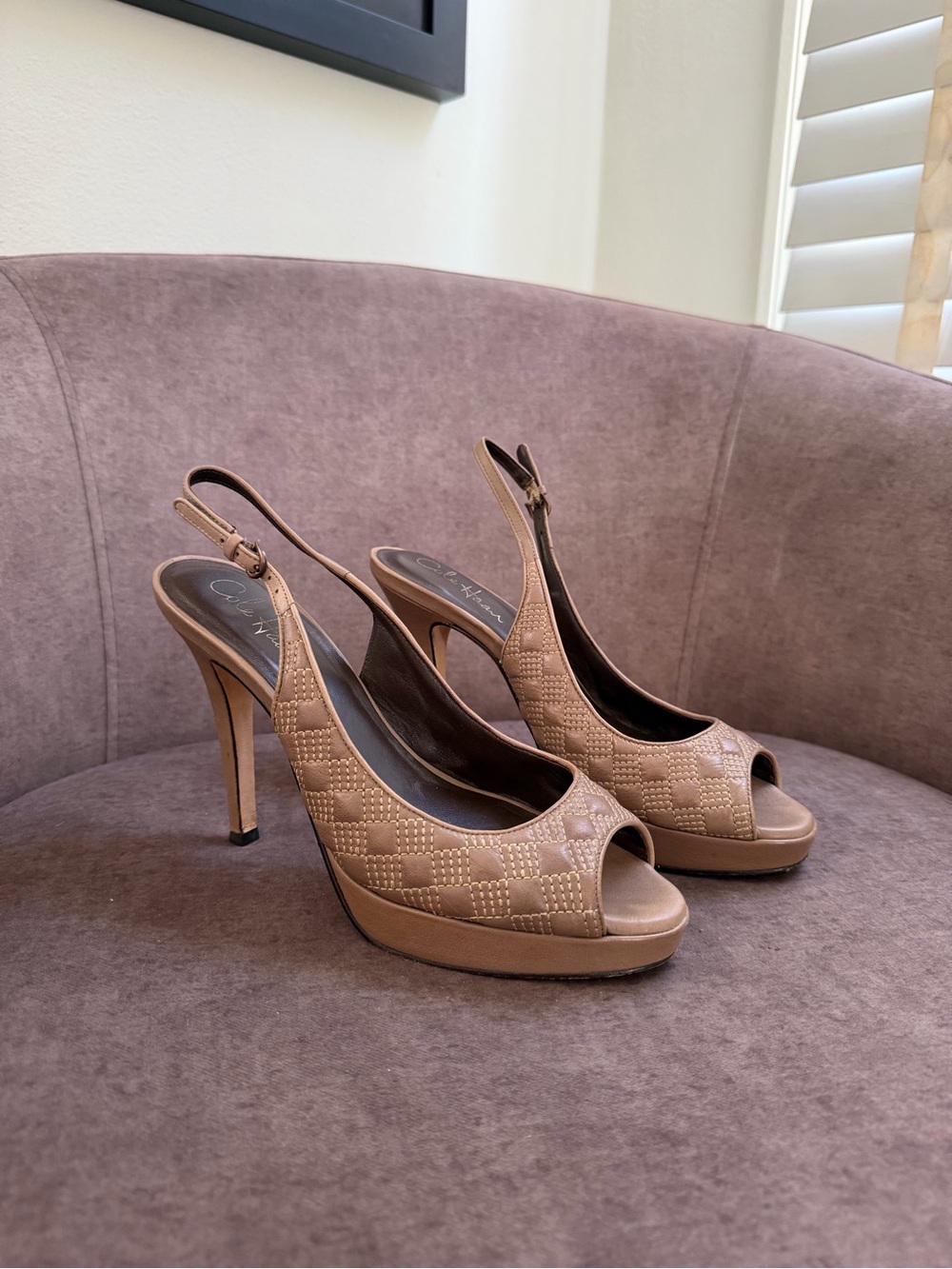 Cole Haan Brown Quilted Leather Peep-Toe Slingback Platform Heels